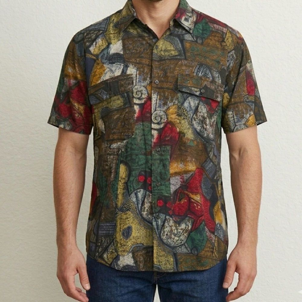 Vintage 90s Goouch 100%‎ Silk Multicolor Abstract Button Up Shirt L Oversized